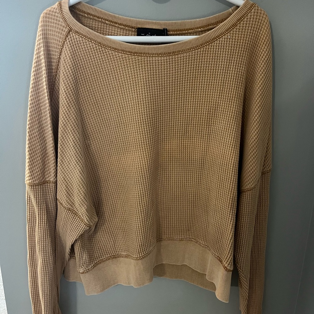 Urban Outfitters Waffle Knit Long Sleeve Top in Camel